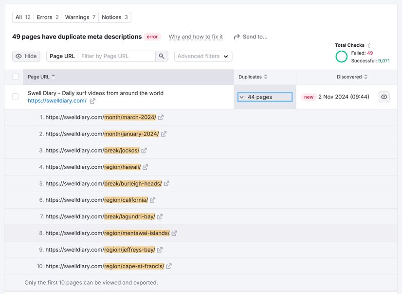 Duplicate meta description discovered in the Semrush Site Audit report